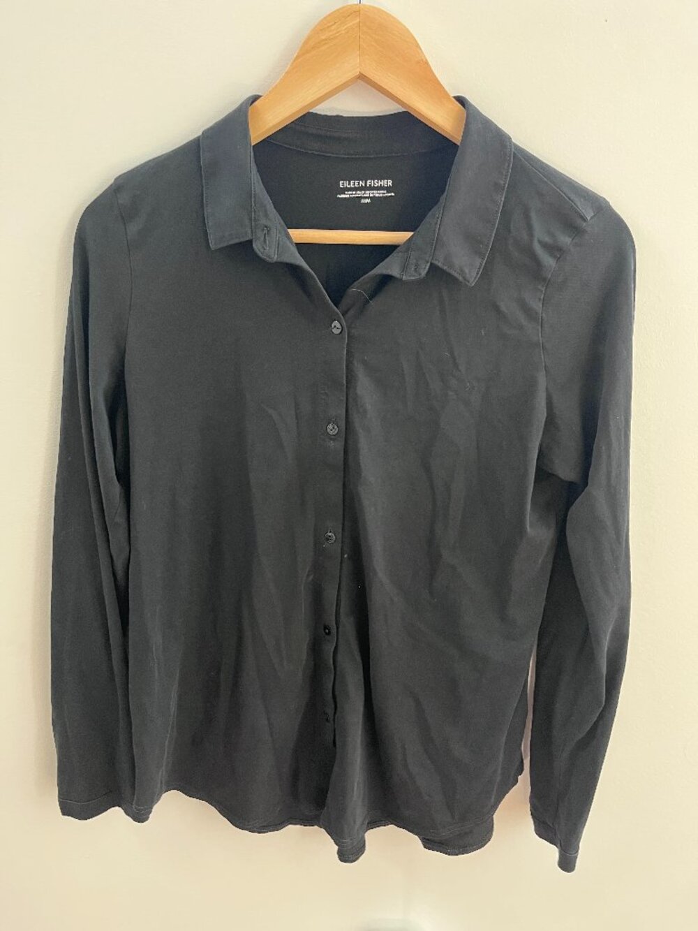 Eileen Fisher Organic Cotton Jersey Long Sleeve Button Down Shirt Black Size M